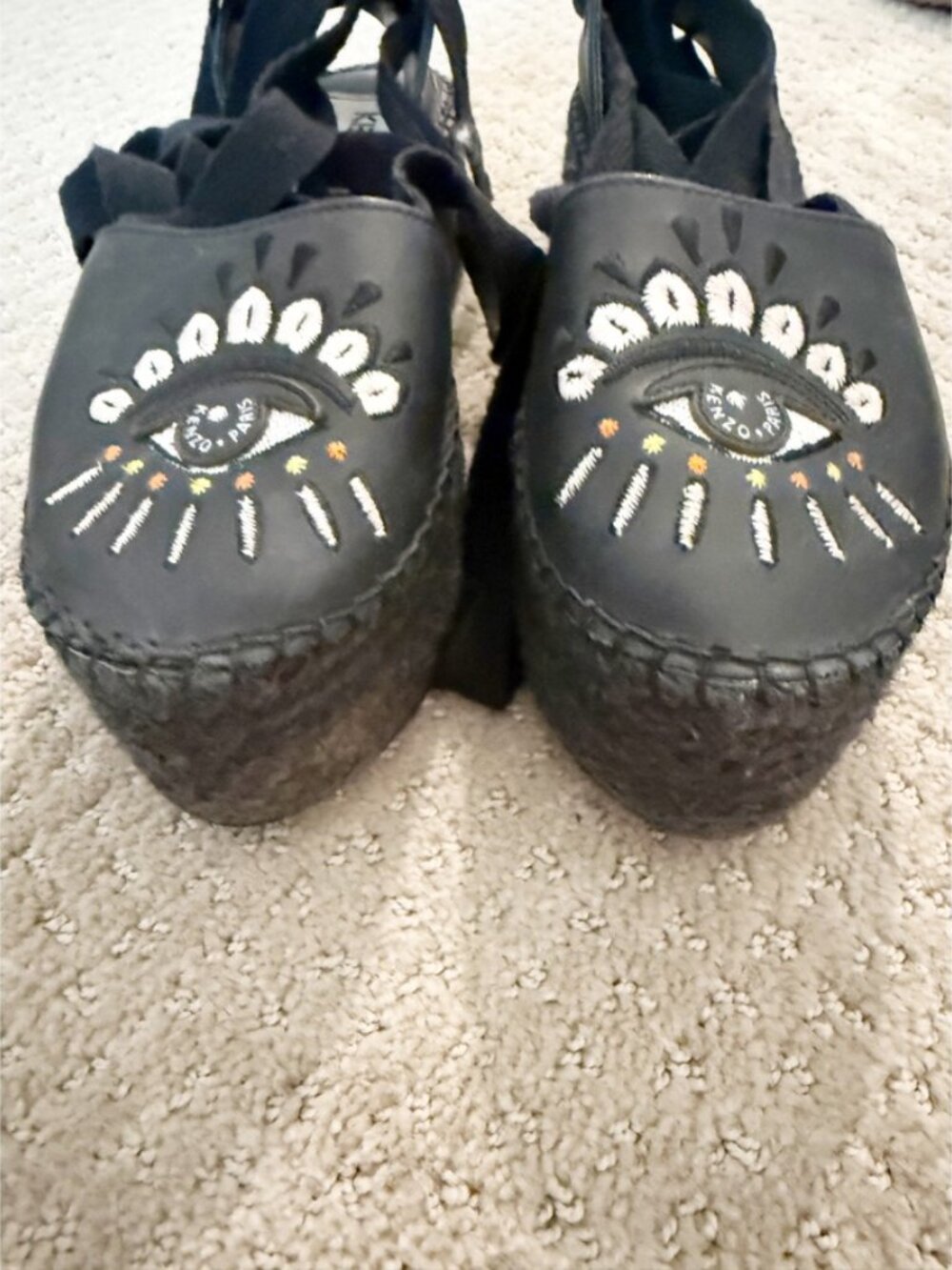 Kenzo Maya Leather Platform Espadrille Sandals Black 8 Tribal Evil Eye - Picture 4 of 11